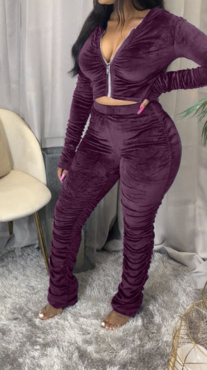Velvet Hoodie Ruched Two Piece Set