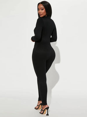 Hollowed Out Ribbed Mock Neck Suit