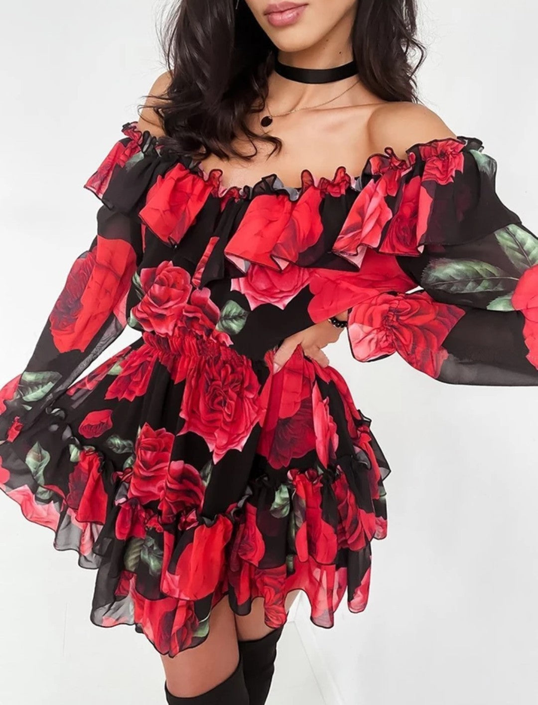 Boho Black & Red Floral Mini Dress
