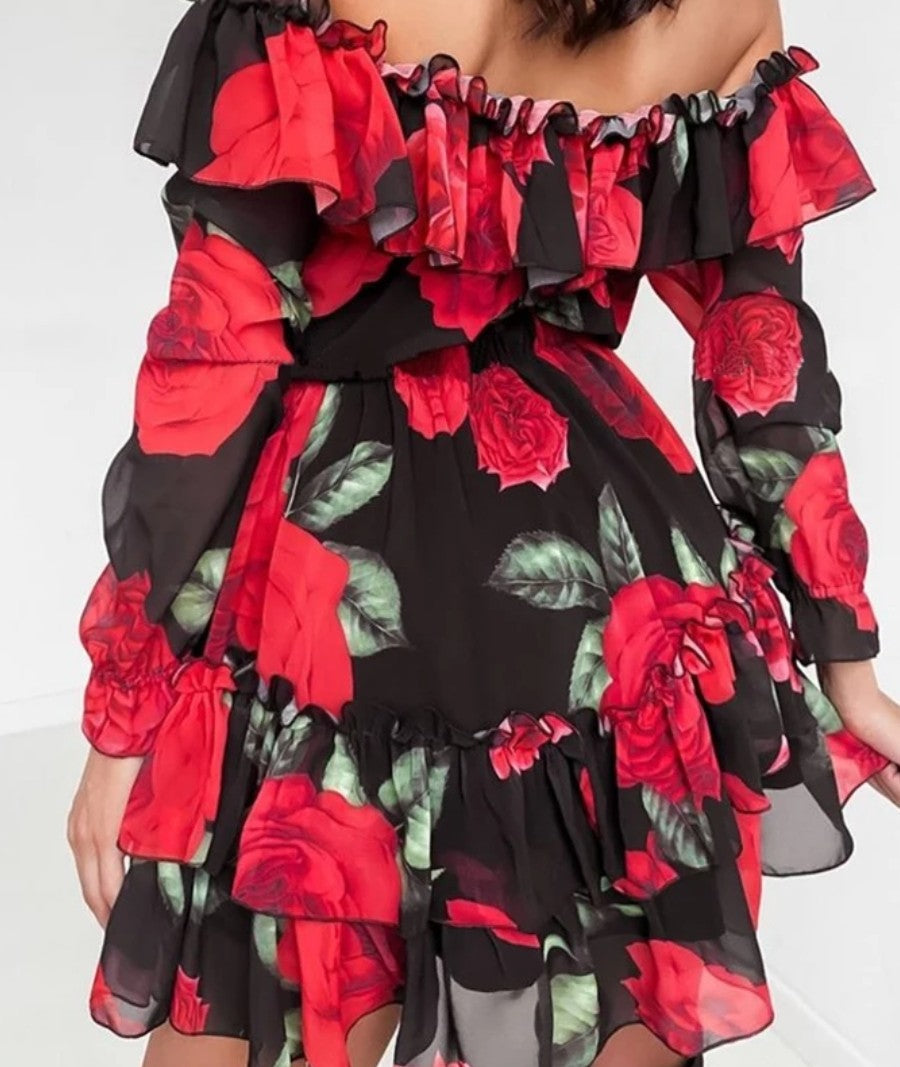 Boho Black & Red Floral Mini Dress